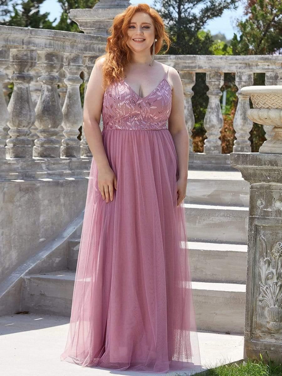 Plus Size Soft Spaghetti Straps V-Neck Embroidery Evening Dress #color_Purple Orchid
