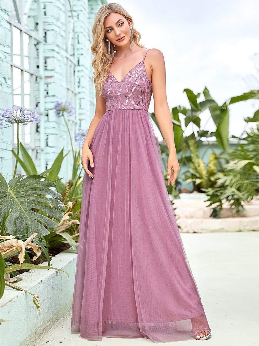 Soft Spaghetti Straps V-Neck Embroidery Evening Dress #color_Purple Orchid