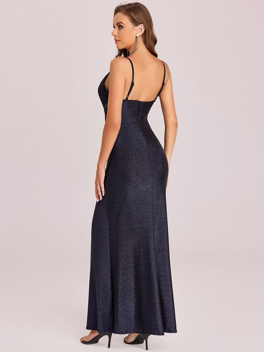 Color=Navy Blue | Spaghetti Strap V-Neck High Slit Mesh Panel Evening Dress-Navy Blue 1 Color=Navy Blue | Spaghetti Strap V-Neck High Slit Mesh Panel Evening Dress-Navy Blue 8