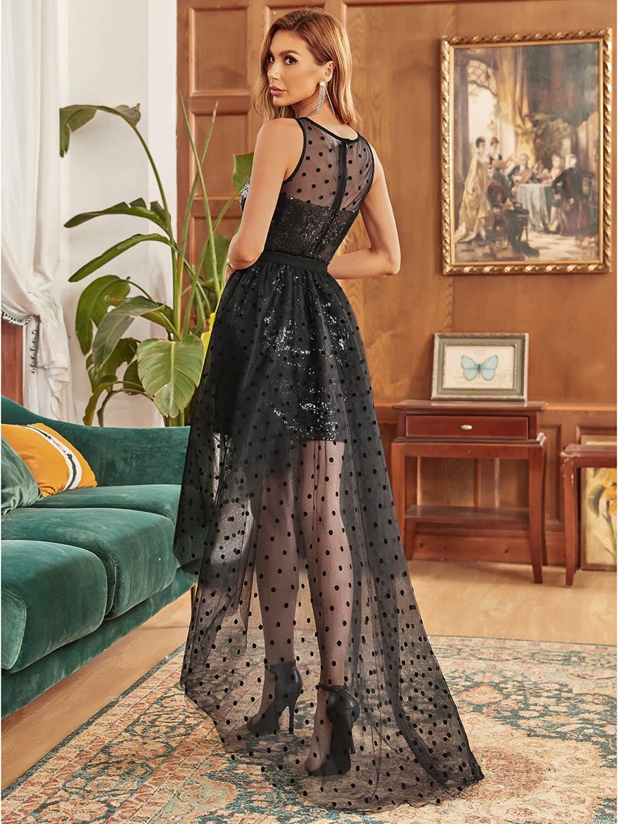Color=Black | Sequin Mini Double Polka Dot Evening Dress-Black 1 Color=Black | Sequin Mini Double Polka Dot Evening Dress-Black 2