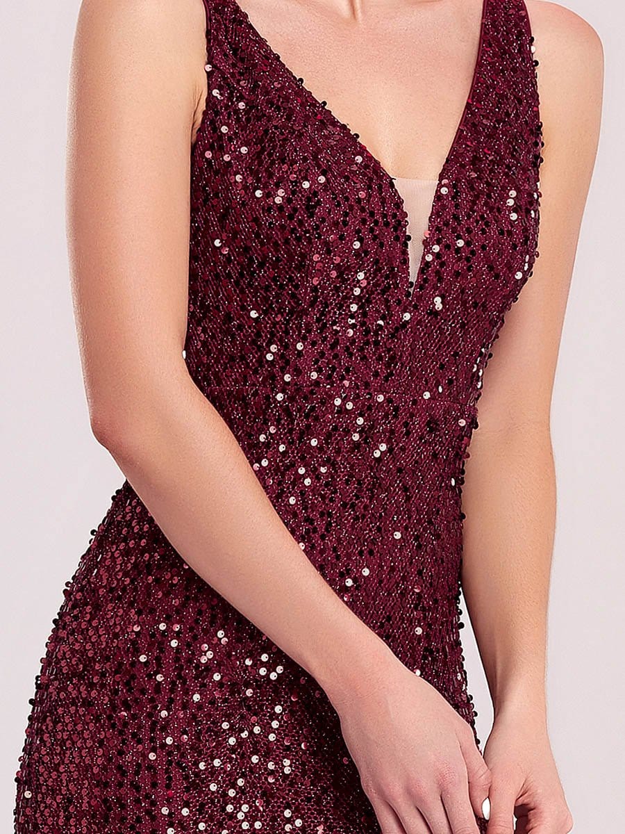 Sleeveless V-Neck High Slit Sequin Evening Dress #color_Burgundy Sleeveless V-Neck High Slit Sequin Evening Dress