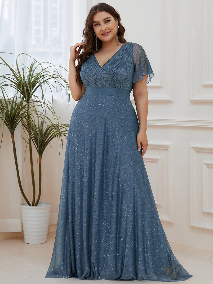 Sparkling Short Sleeve V-Neck Ribbon Waist Plus Size Formal Evening Dress #color_Dusty Blue