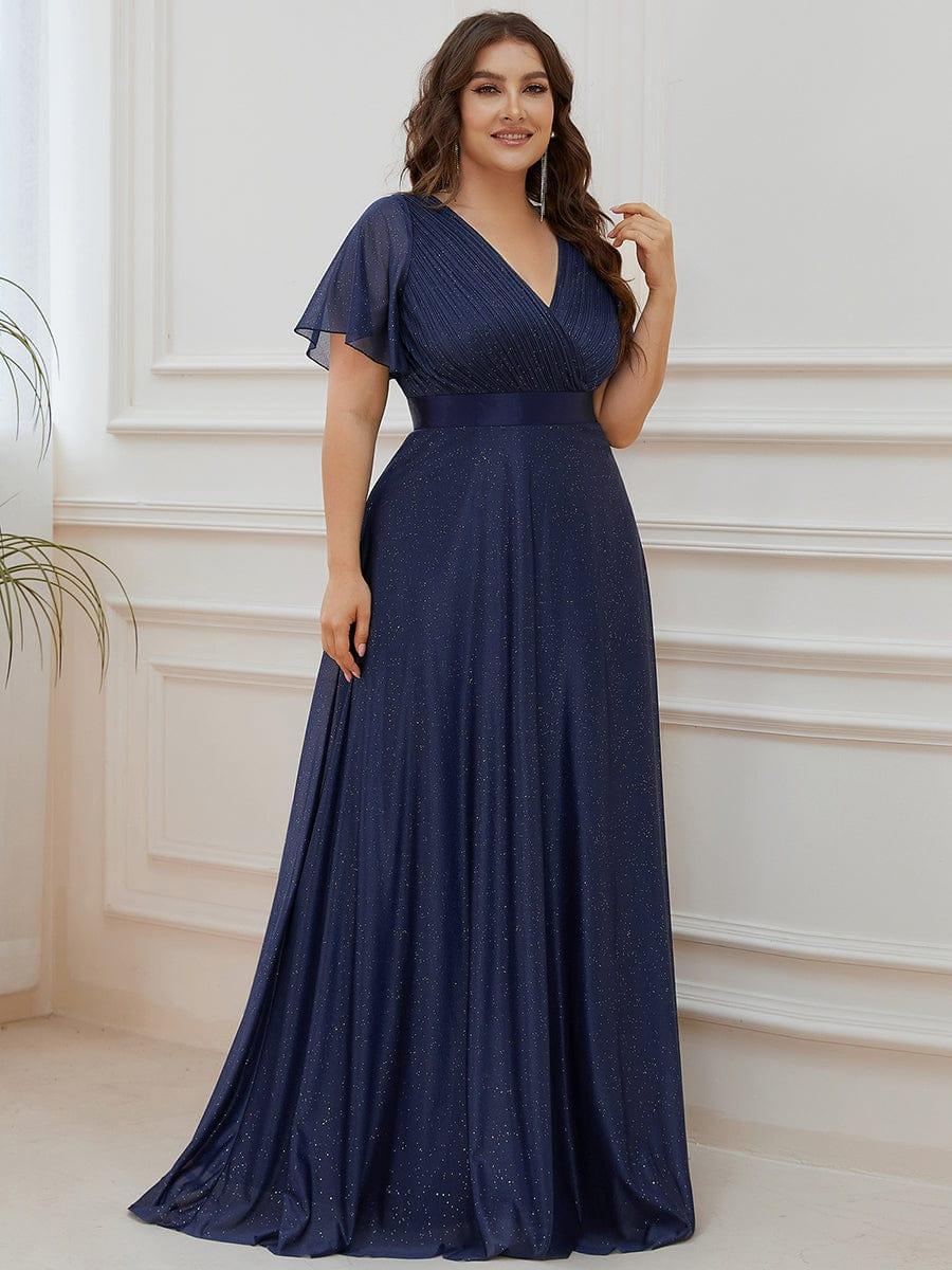 ever LIORÉ|Plus Size V Neck Ribbon Waist Formal Evening Dress With Sleeves