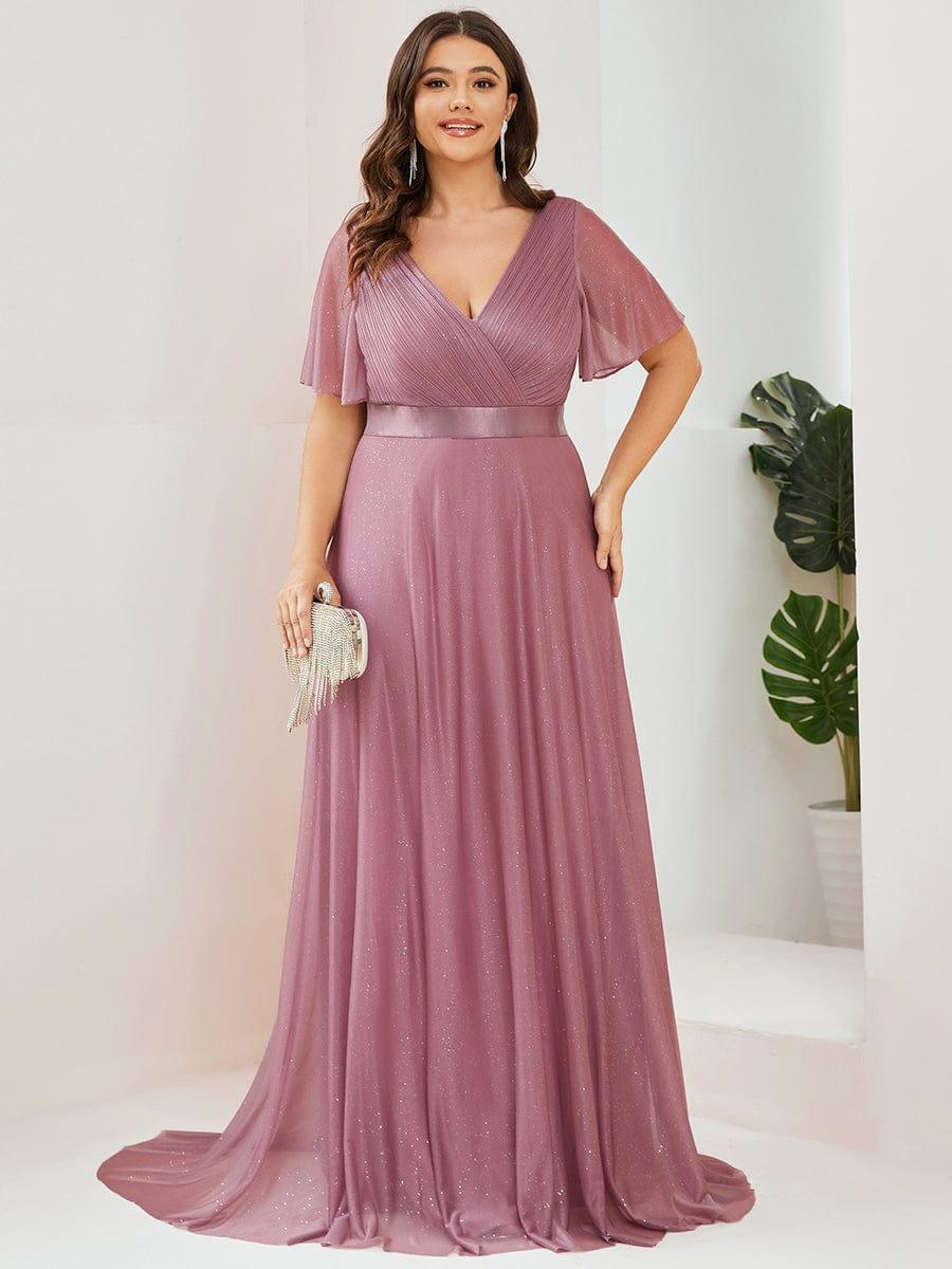 Custom Size V Neck Ribbon Waist Formal Evening Dress With Sleeves #color_Navy Blue Custom Size V Neck Ribbon Waist Formal Evening Dress With Sleeves