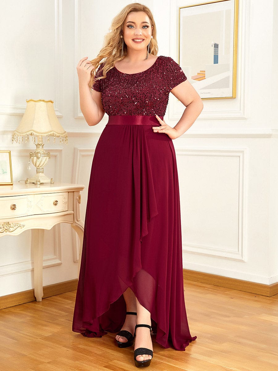 Plus Size Chiffon Sequin Capped Sleeve Empire Waist Evening Dress #color_Burgundy Plus Size Chiffon Sequin Capped Sleeve Empire Waist Evening Dress