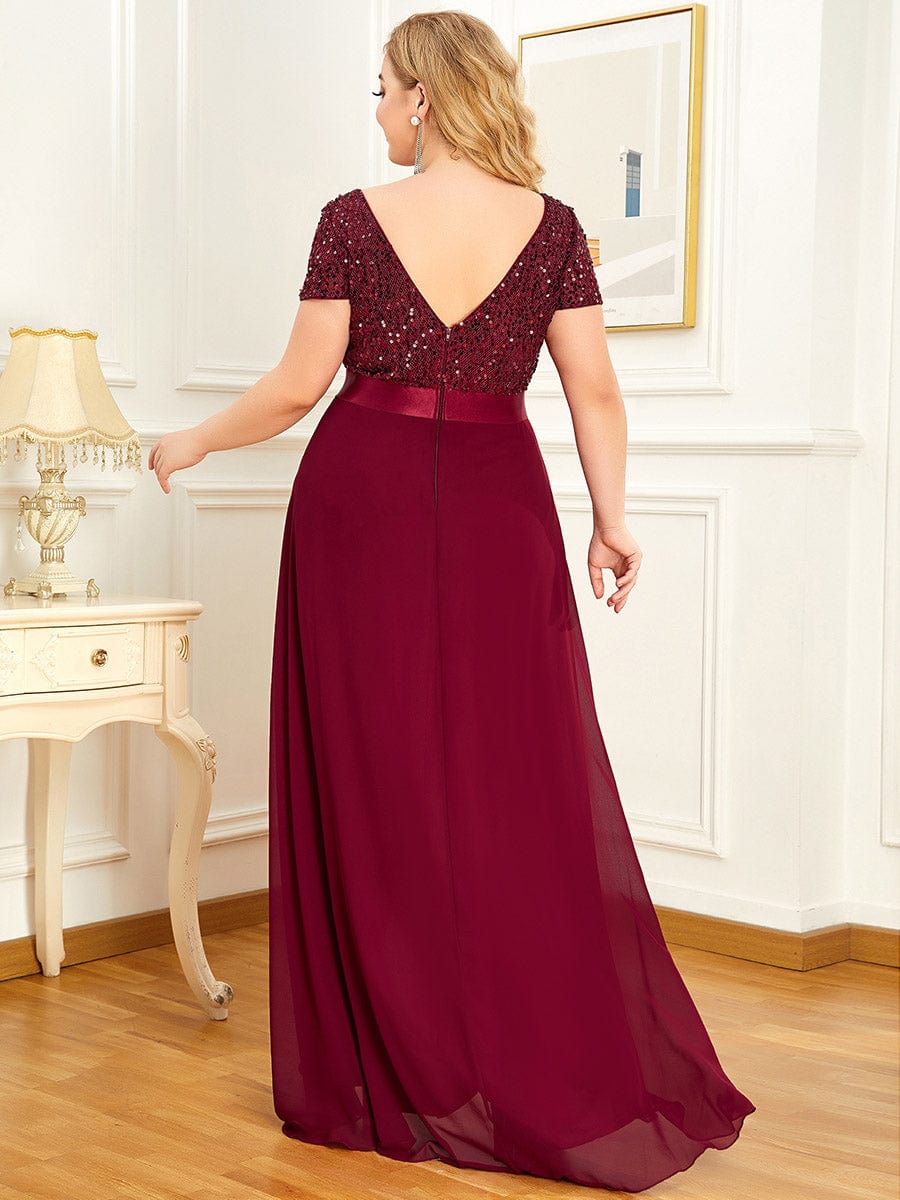 Plus Size Chiffon Sequin Capped Sleeve Empire Waist Evening Dress #color_Burgundy 