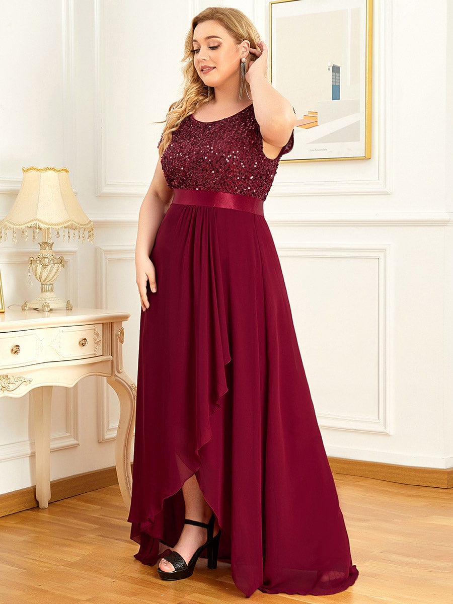 Plus Size Chiffon Sequin Capped Sleeve Empire Waist Evening Dress #color_Burgundy Plus Size Chiffon Sequin Capped Sleeve Empire Waist Evening Dress