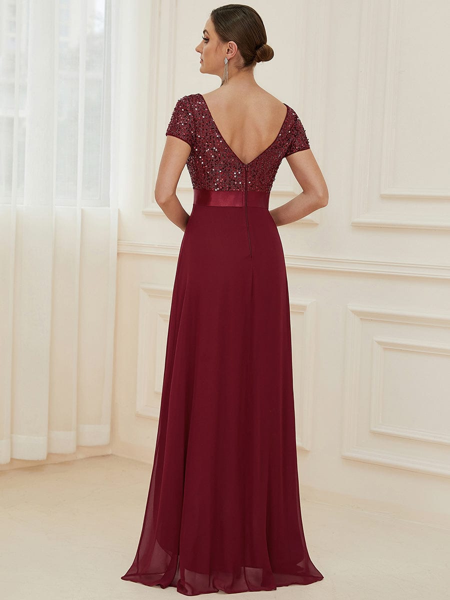 Chiffon Sequin Capped Sleeve Empire Waist Evening Dress #color_Burgundy 
