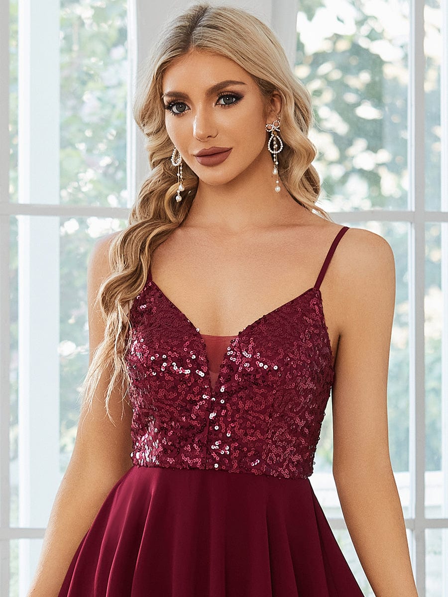 Sparkly Sequin Bodice Spaghetti Strap Short Wedding Guest Dress #color_Blush Sparkly Sequin Bodice Spaghetti Strap Short Wedding Guest Dress