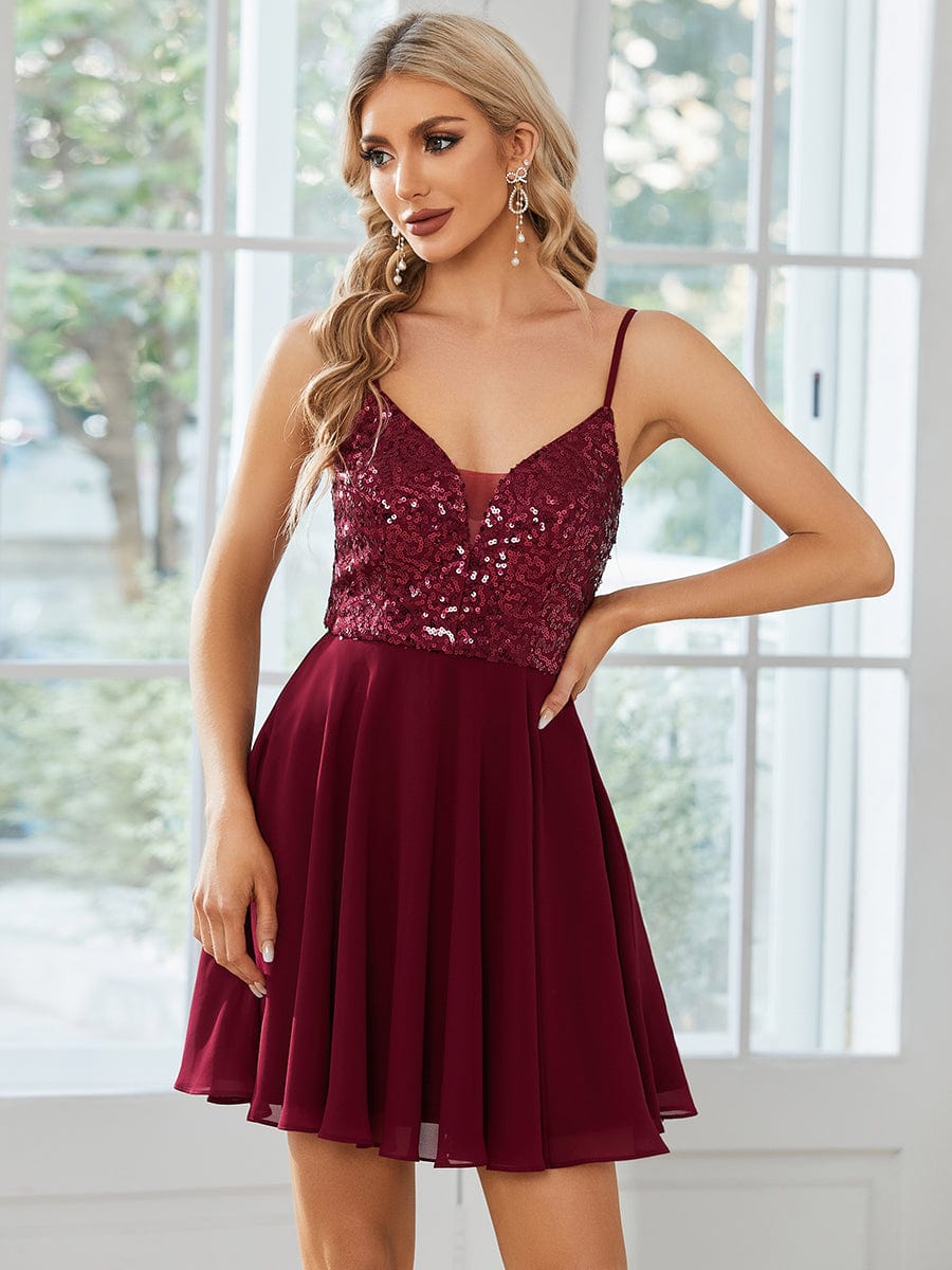 Sparkly Sequin Bodice Spaghetti Strap Short Wedding Guest Dress #color_Blush Sparkly Sequin Bodice Spaghetti Strap Short Wedding Guest Dress