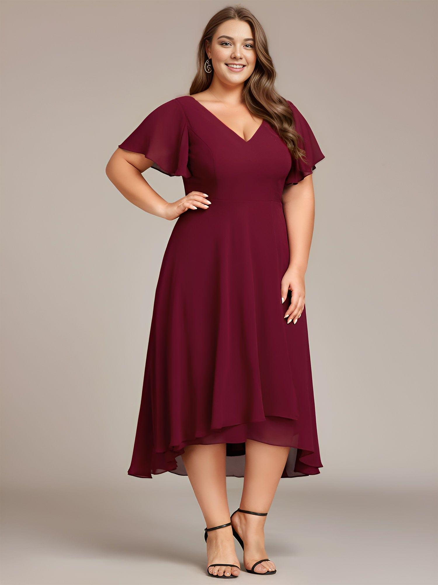 Plus Size Flowing Chiffon V-Neck Ruffle Sleeves Bridesmaid Dress #color_Burgundy