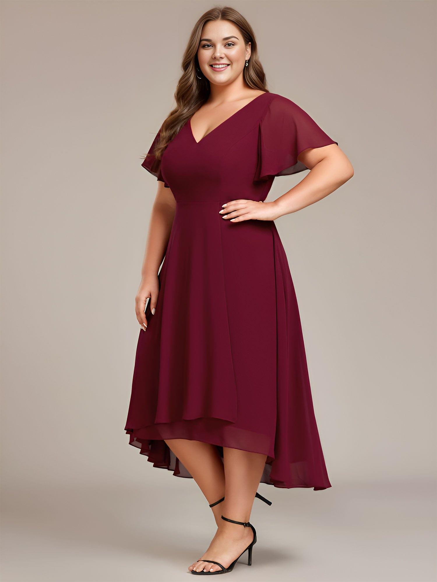 Plus Size Flowing Chiffon V-Neck Ruffle Sleeves Bridesmaid Dress #color_Burgundy