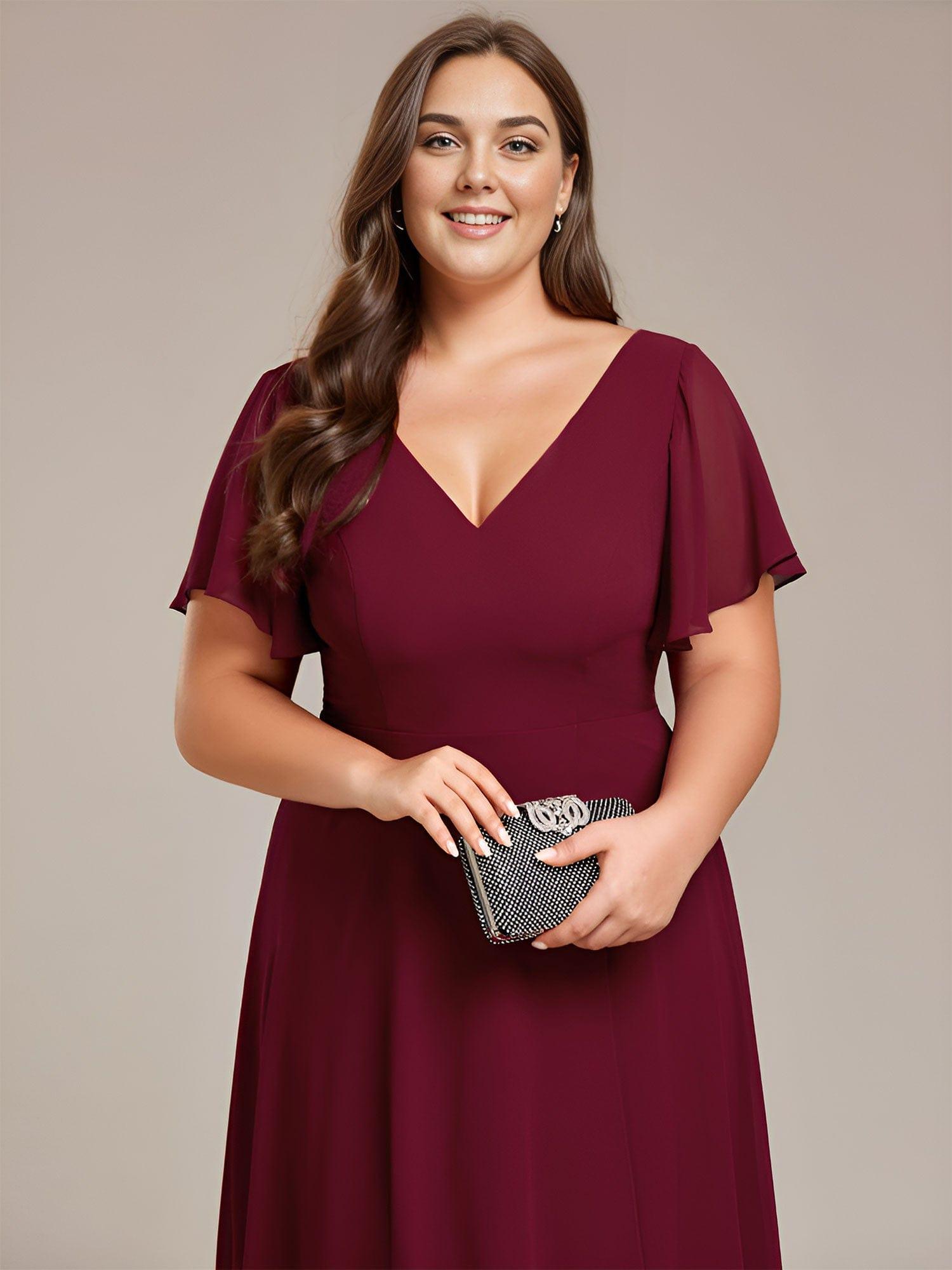 Plus Size Flowing Chiffon V-Neck Ruffle Sleeves Bridesmaid Dress #color_Burgundy