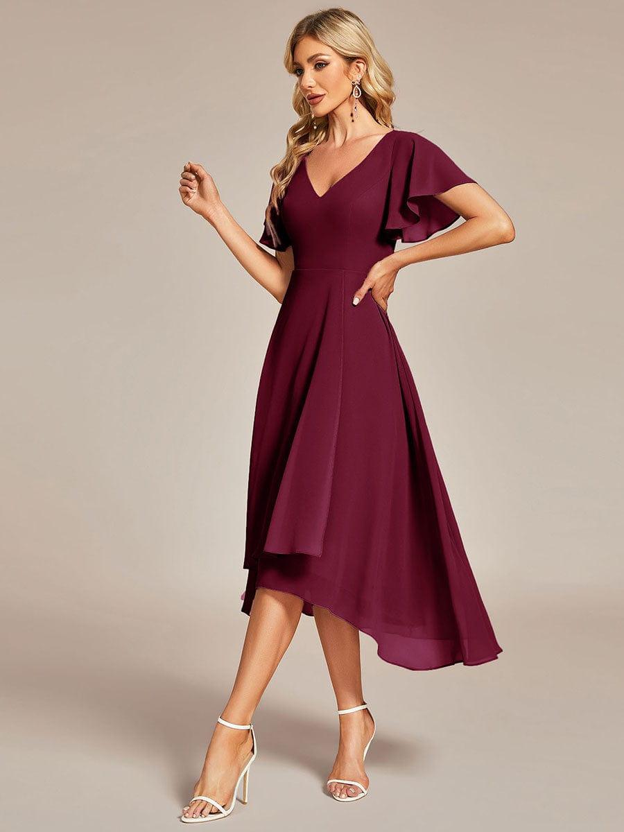 Flowing Chiffon V-Neck Ruffle Sleeves Bridesmaid Dress #color_Burgundy