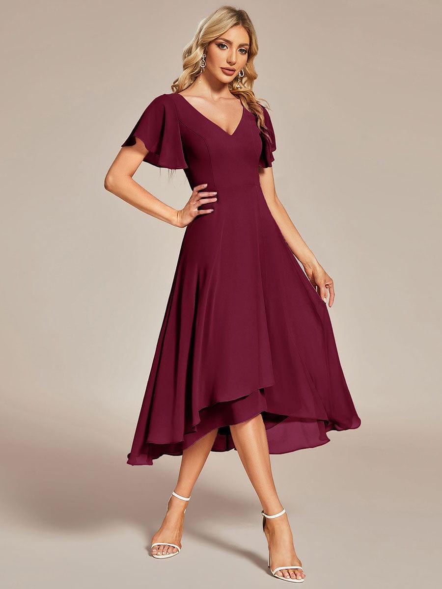 Flowing Chiffon V-Neck Ruffle Sleeves Bridesmaid Dress #color_Burgundy