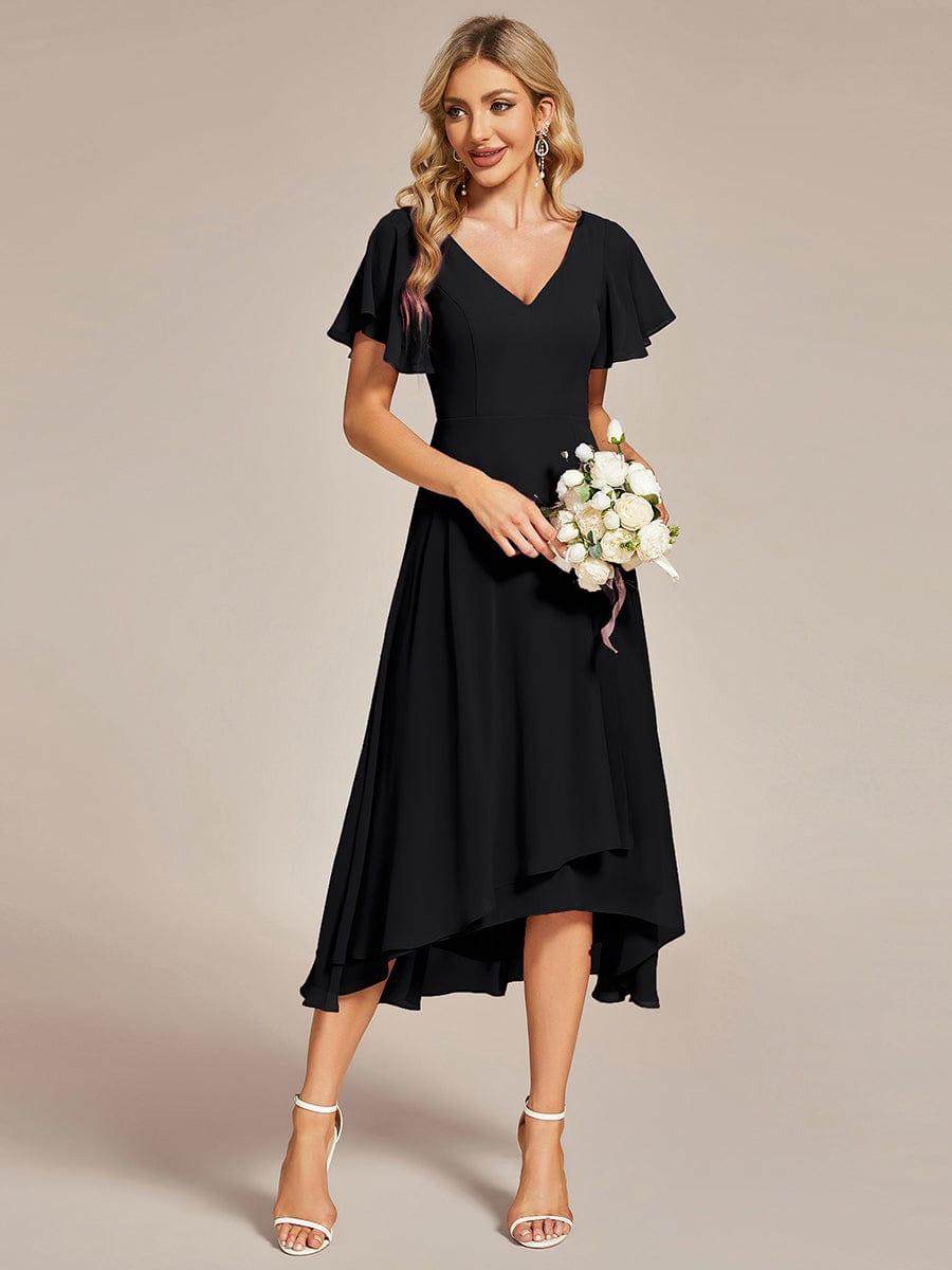 Flowing Chiffon V-Neck Ruffle Sleeves Bridesmaid Dress #color_Black