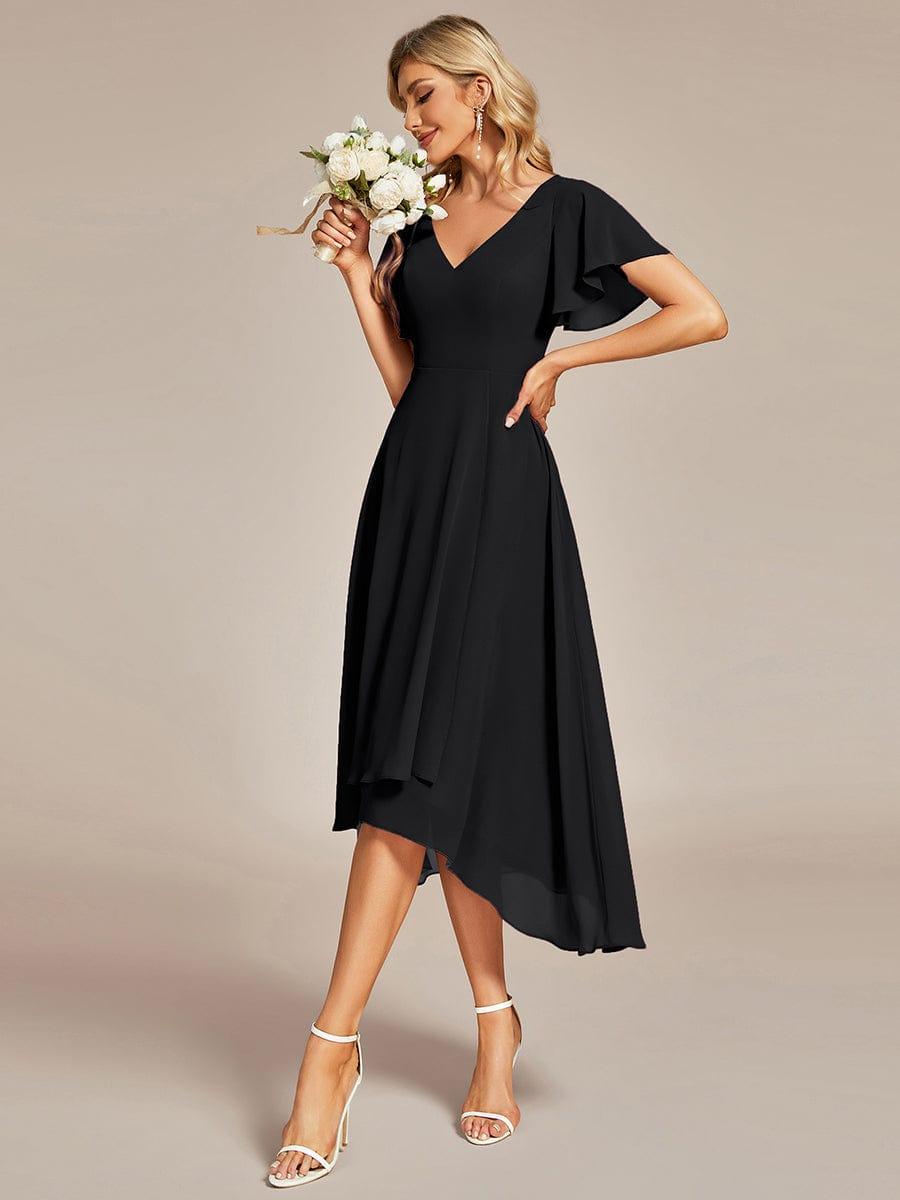 Flowing Chiffon V-Neck Ruffle Sleeves Bridesmaid Dress #color_Black