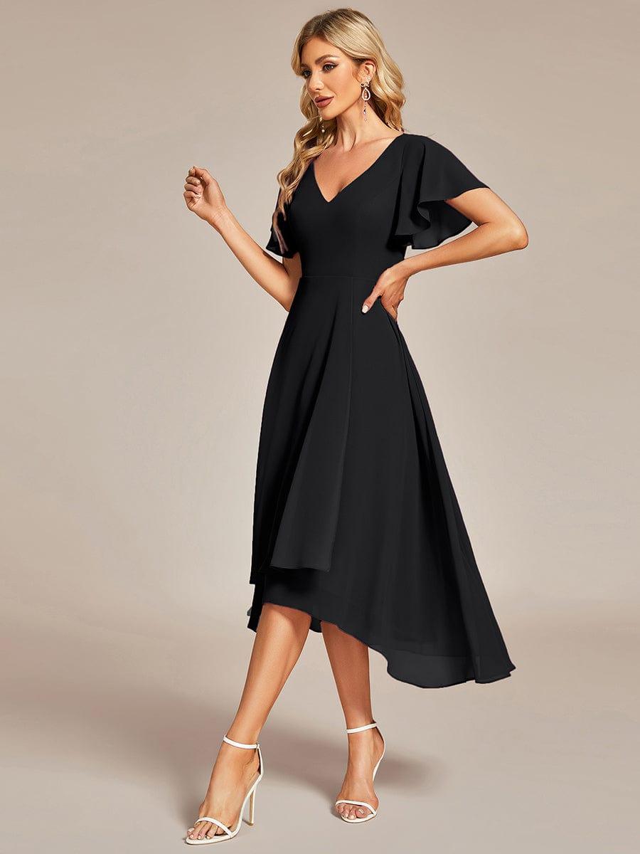 Flowing Chiffon V-Neck Ruffle Sleeves Bridesmaid Dress #color_Black