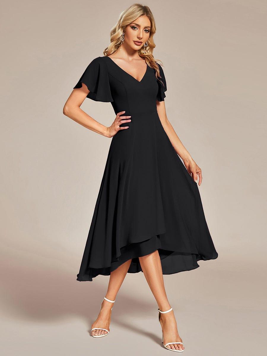 Flowing Chiffon V-Neck Ruffle Sleeves Bridesmaid Dress #color_Black