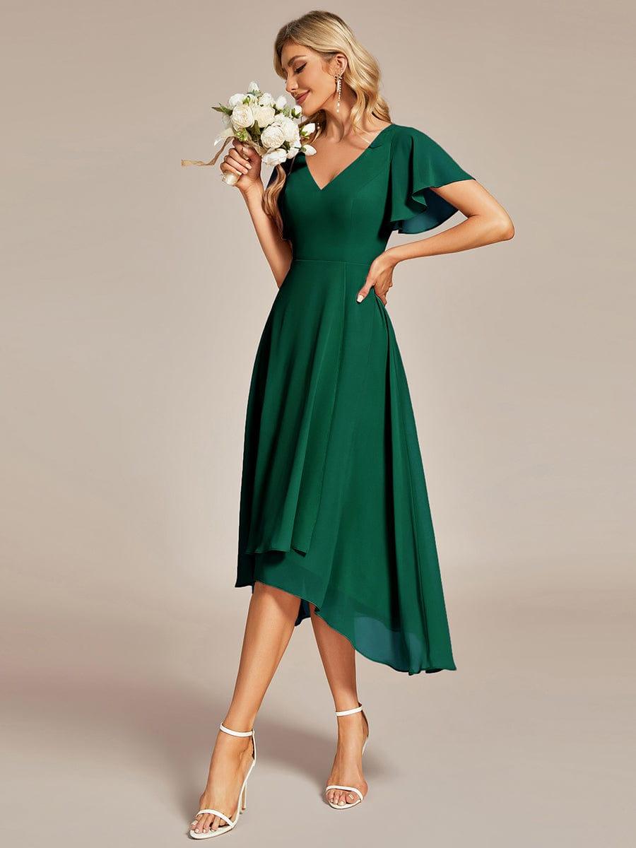 Flowing Chiffon V-Neck Ruffle Sleeves Bridesmaid Dress #color_Dark Green