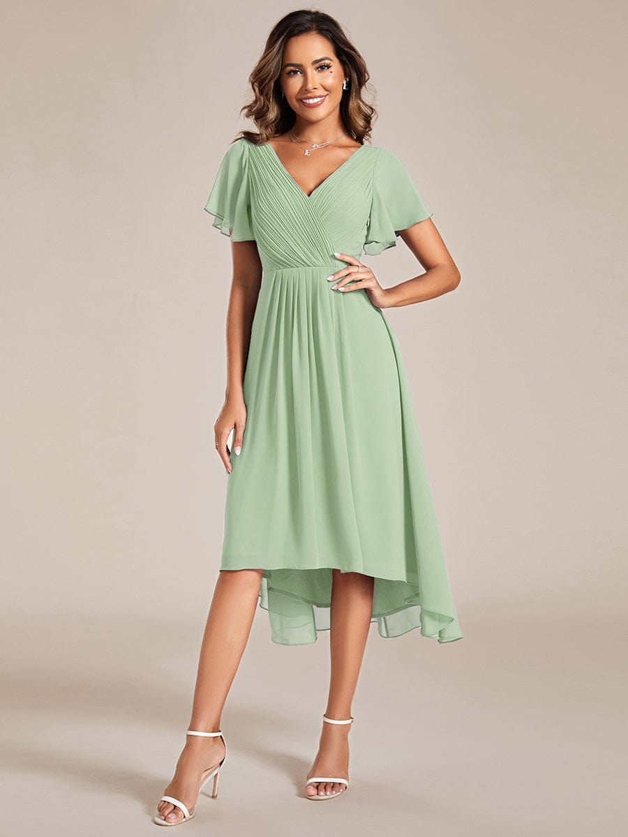 Chic V Neck Asymmetrical Hem Ruffles Sleeve Pleated Chiffon Wedding Guest Dress #color_Mint Green