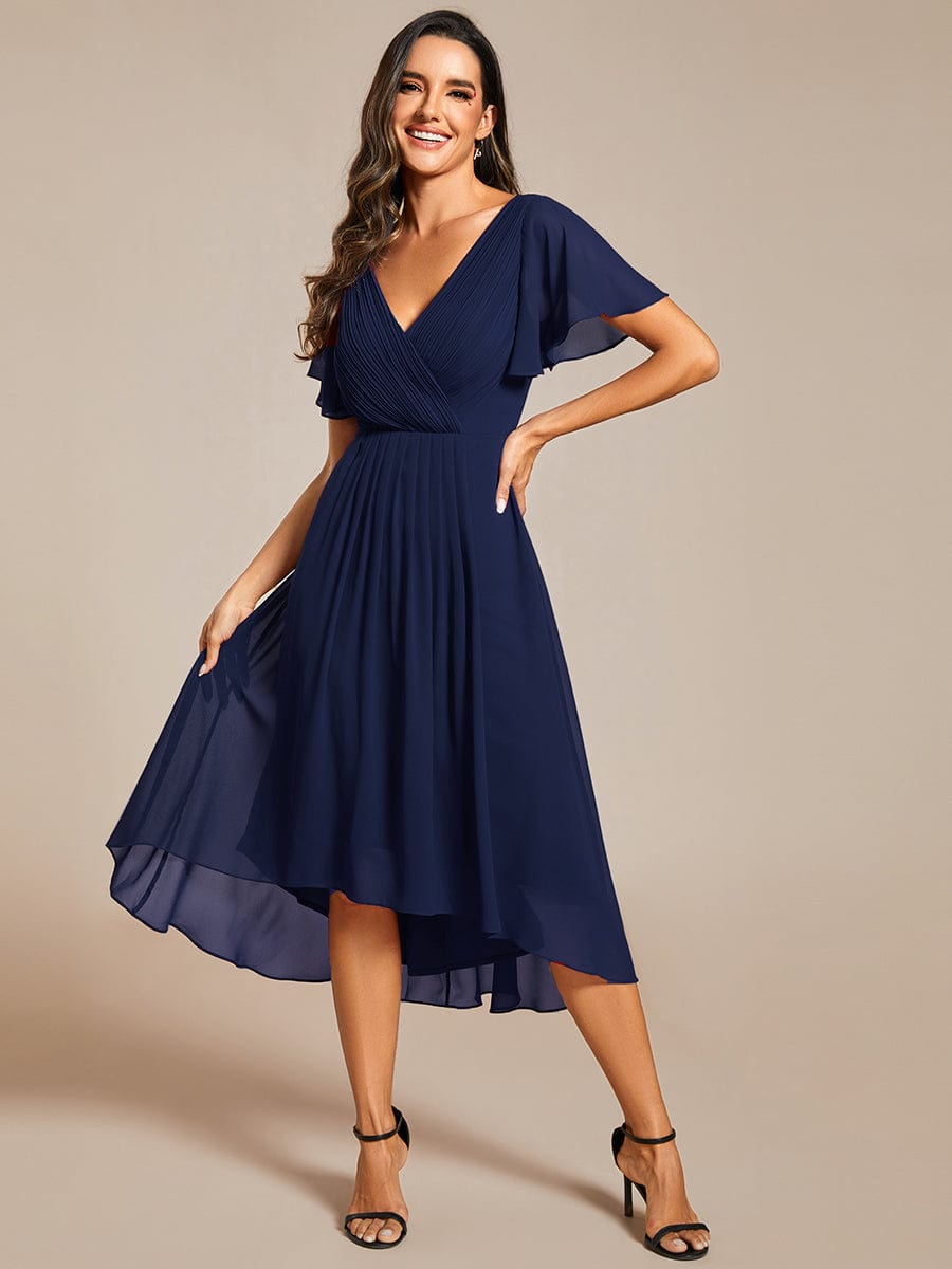 Chic V Neck Asymmetrical Hem Ruffles Sleeve Pleated Chiffon Wedding Guest Dress #color_Navy Blue