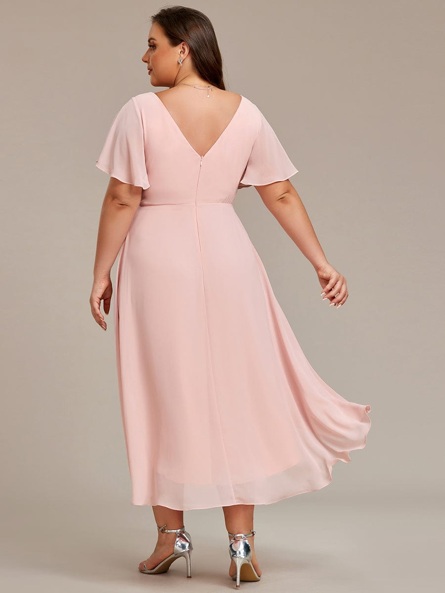 Plus Size Double V-Neck Ruffles Sleeve Chiffon Midi Wedding Guest Dress #color_Pink