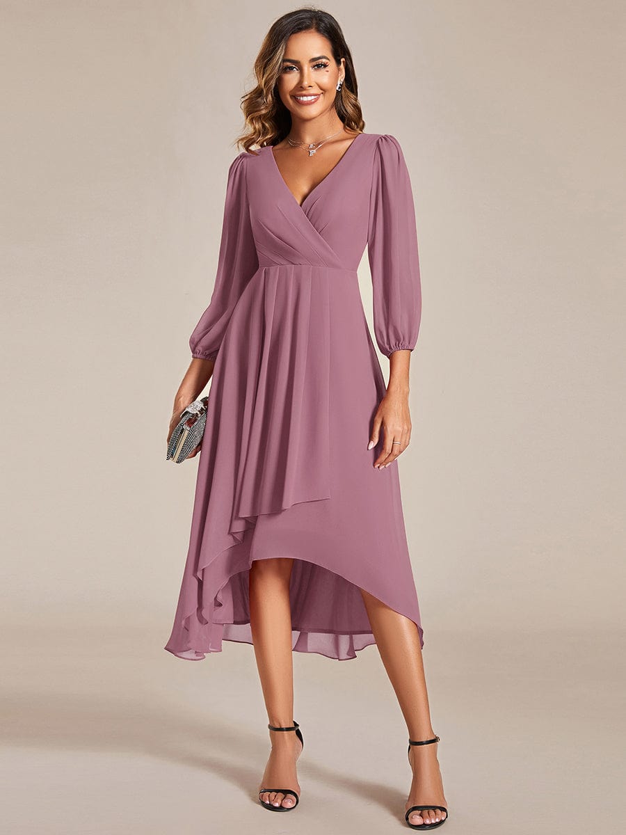 Shop Chiffon VNeck Long Sleeves Asymmetrical Hem Pleated Wedding Guest Dress EverPretty US