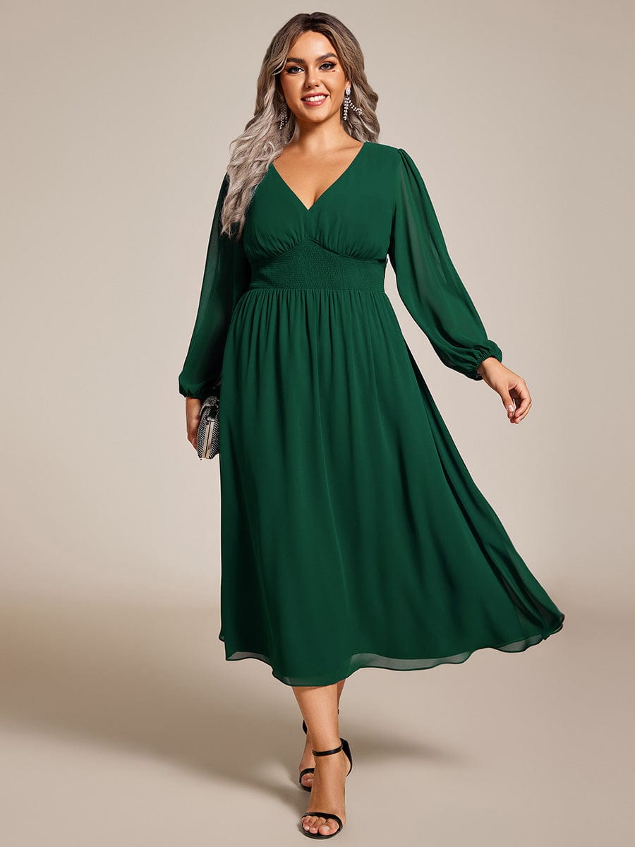 Plus Size Flowy Long Sleeves V-Neck Midi Chiffon Wedding Guest Dress #color_Dark Green