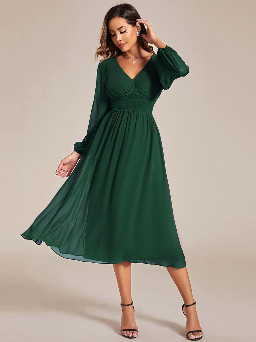 Chiffon V-Neck Long Sleeves Elastic Band Midi Wedding Guest Dress #color_Dark Green