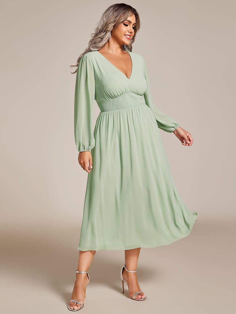 Plus Size Flowy Long Sleeves V-Neck Midi Chiffon Wedding Guest Dress #color_Mint Green