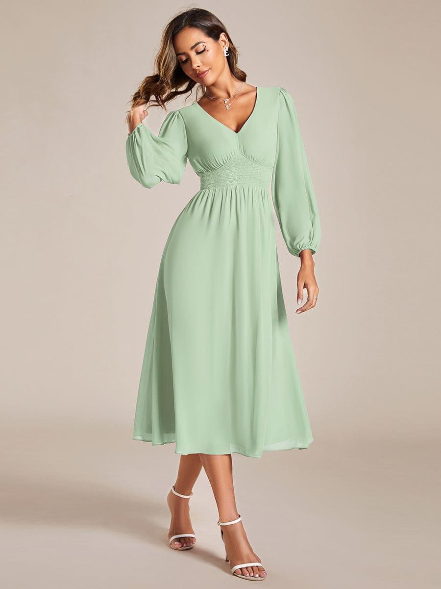 Chiffon V-Neck Long Sleeves Elastic Band Midi Wedding Guest Dress #color_Mint Green