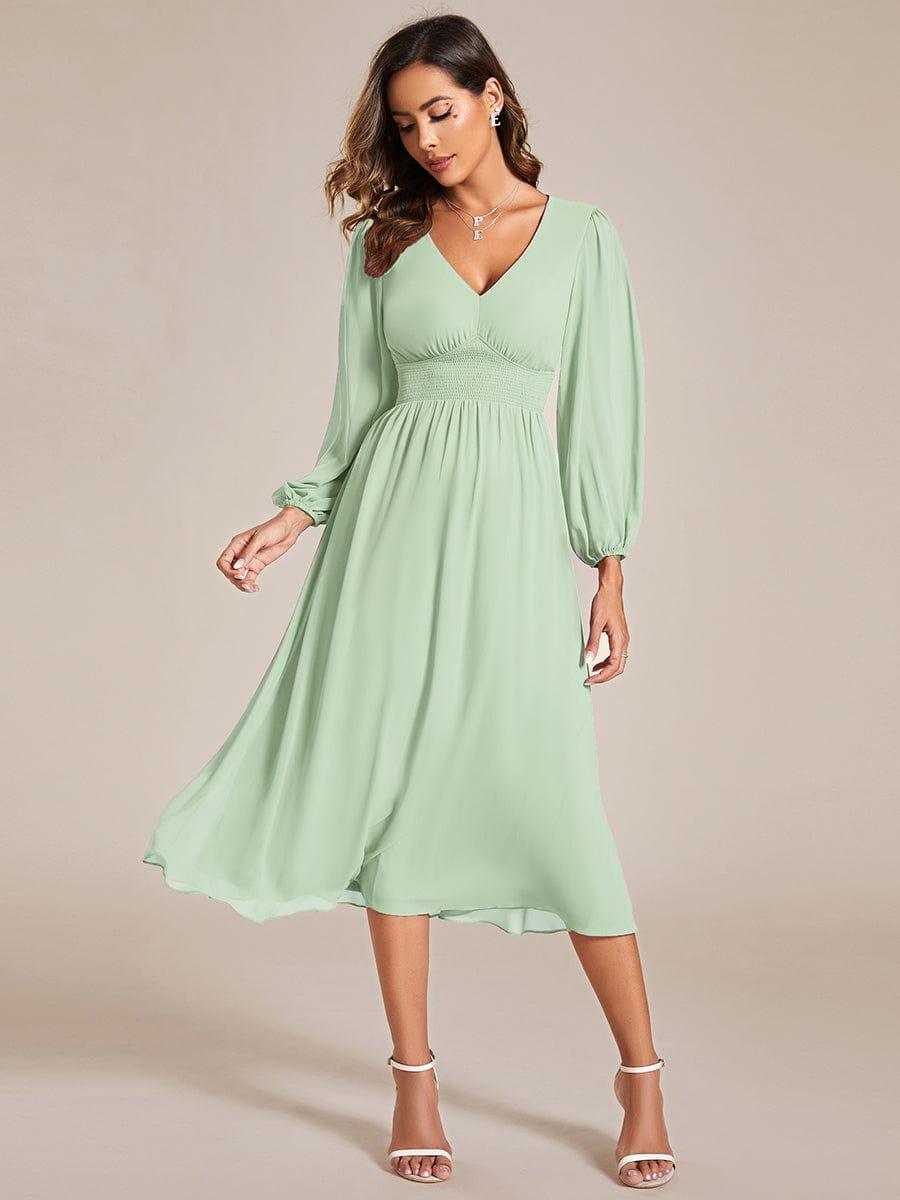 Chiffon V-Neck Long Sleeves Elastic Band Midi Wedding Guest Dress #color_Mint Green