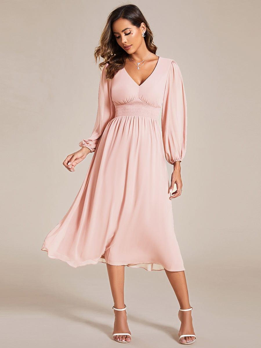 Chiffon V-Neck Long Sleeves Elastic Band Midi Wedding Guest Dress #color_Pink