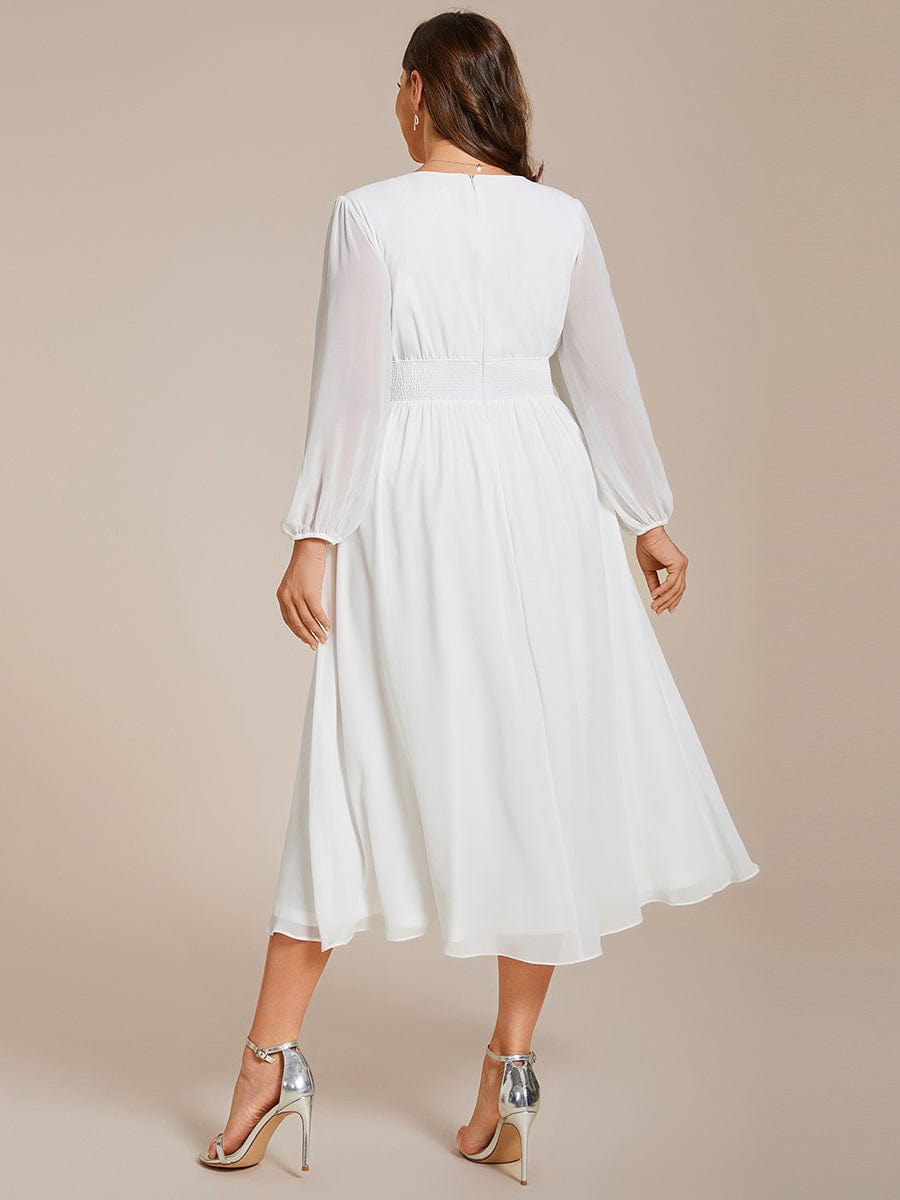 Plus Size Flowy Long Sleeves V-Neck Midi Chiffon Wedding Guest Dress