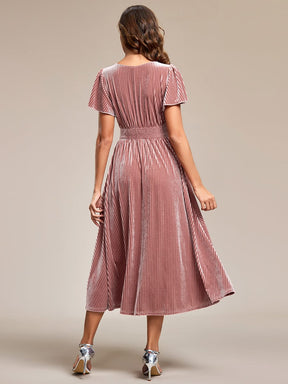 Graceful V-Neck Waist Design Short Sleeves Fall Velvet Midi Wedding Guest Dress