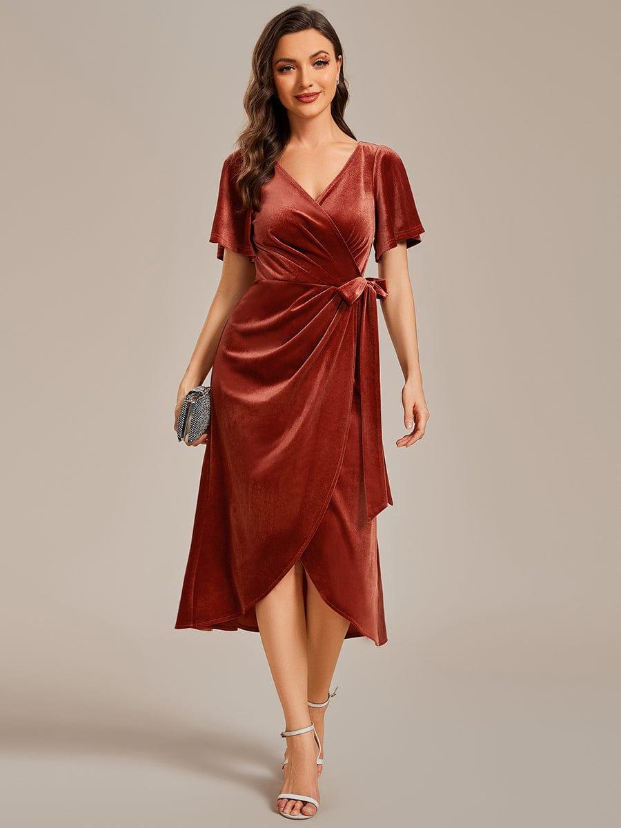 One-Piece Type Short Sleeves V-Neck Velvet Midi Wedding Guest Dress #color_Brick Red