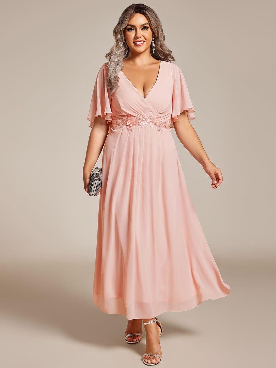 Plus Size Elegant Short Sleeves V-Neck Floral Applique Wedding Guest Dress #color_Pink