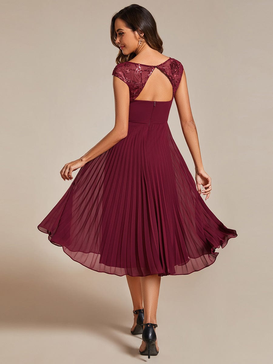 A-Line Pleated Chiffon Wedding Guest Dress with Round Neckline and Cap Sleeves