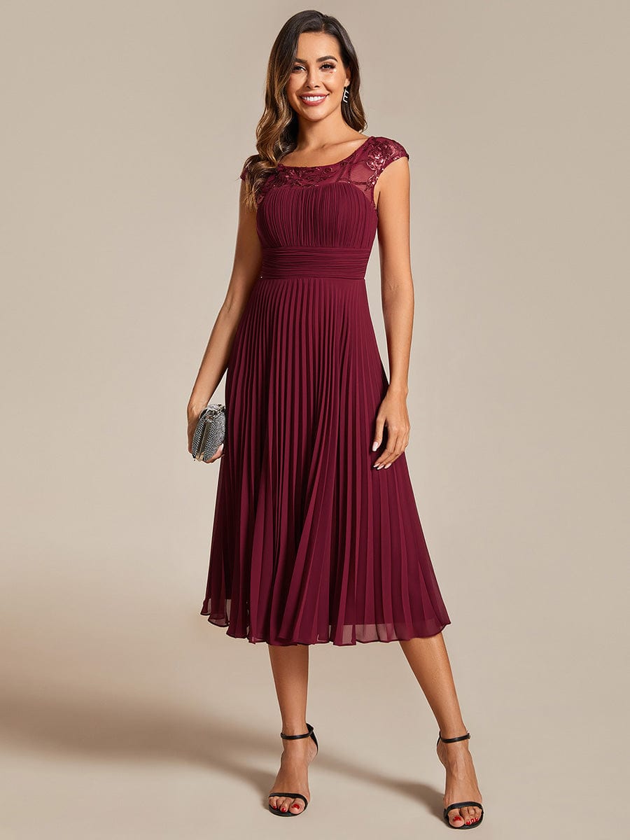 A-Line Pleated Chiffon Wedding Guest Dress with Round Neckline and Cap Sleeves