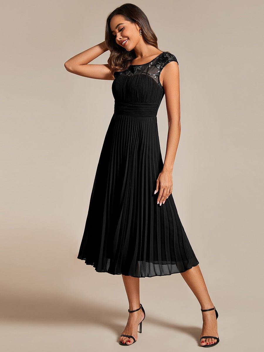 A-Line Pleated Chiffon Wedding Guest Dress with Round Neckline and Sleeveless #color_Black