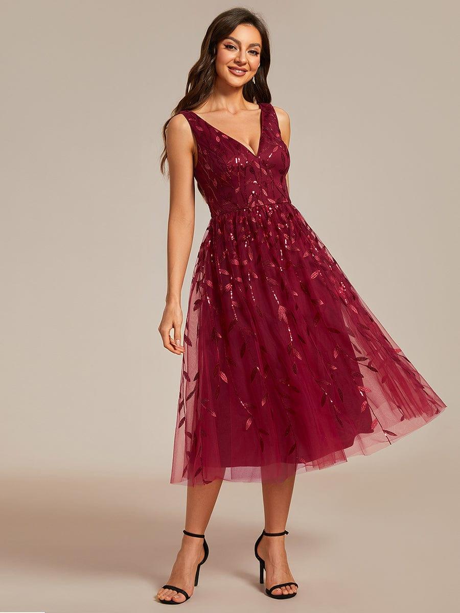 V-Neck Leaf Sequined Sleeveless A-Line Midi Wedding Guest Dress #color_Burgundy