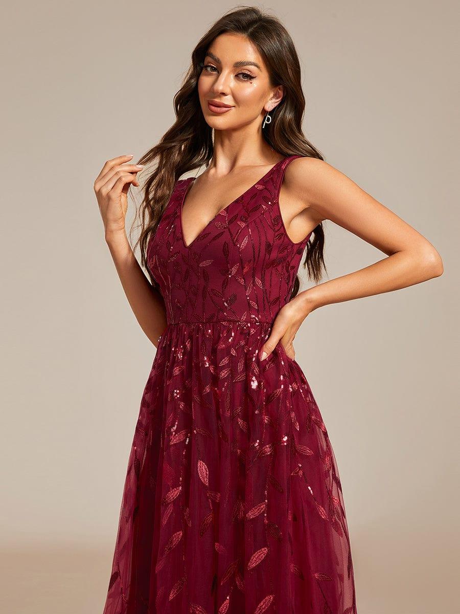 V-Neck Leaf Sequined Sleeveless A-Line Midi Wedding Guest Dress #color_Burgundy