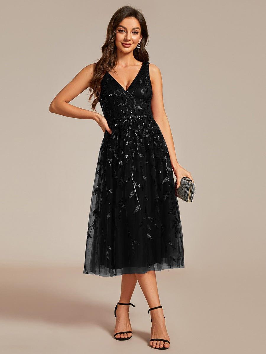 V-Neck Leaf Sequined Sleeveless A-Line Midi Wedding Guest Dress #color_Black