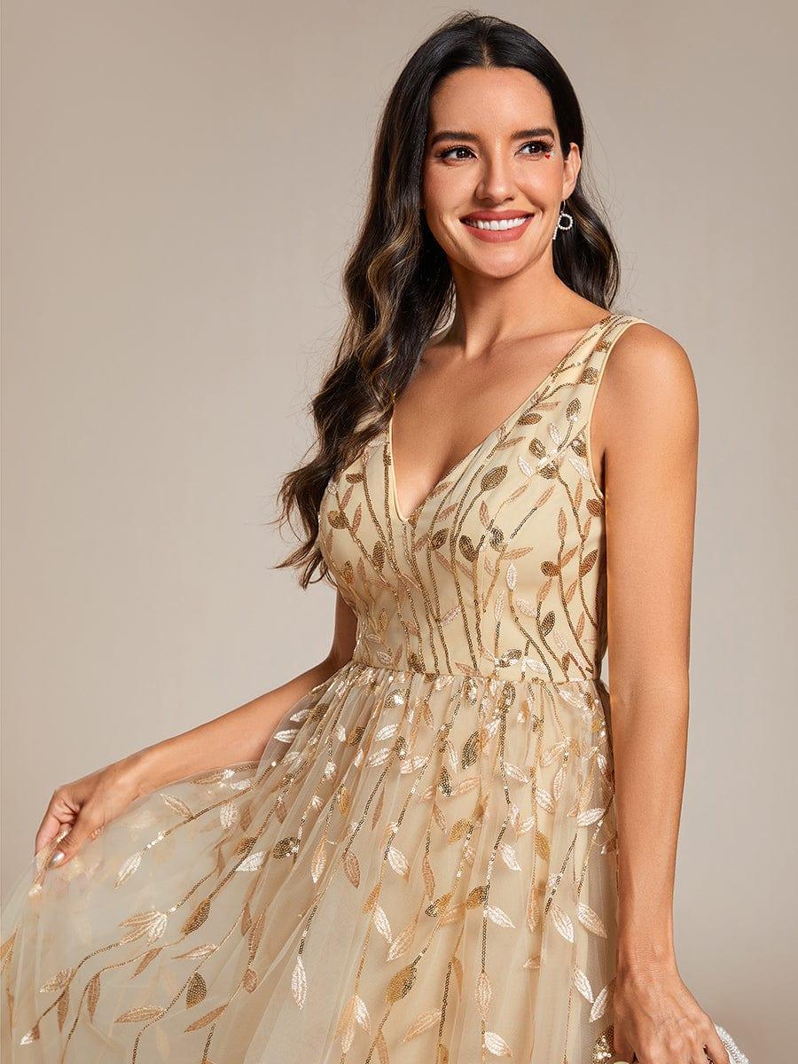 V-Neck Leaf Sequined Sleeveless A-Line Midi Wedding Guest Dress #color_Gold