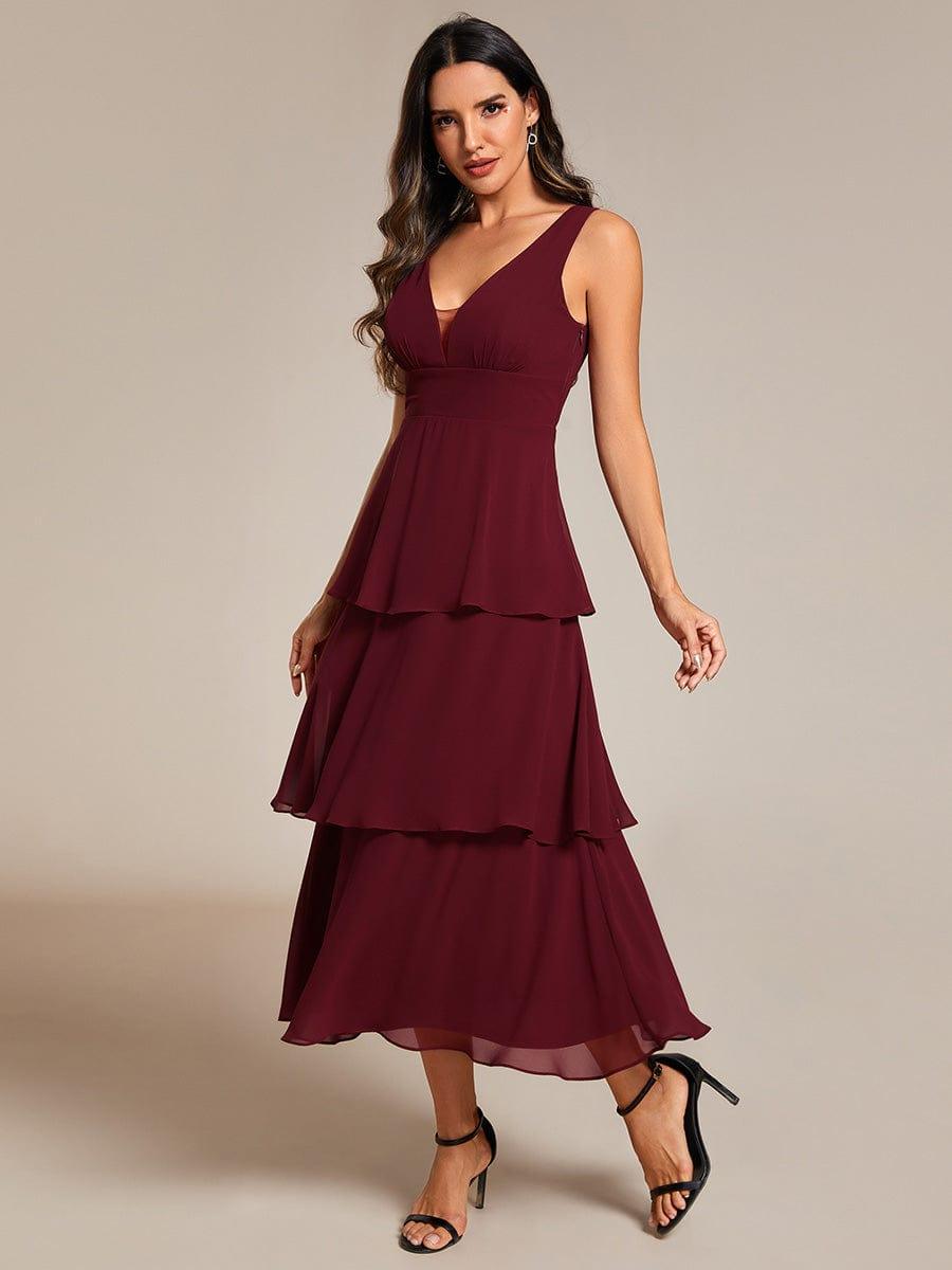 Sleeveless Tiered hem V-Neck Chiffon Wedding Guest Dress #color_Burgundy