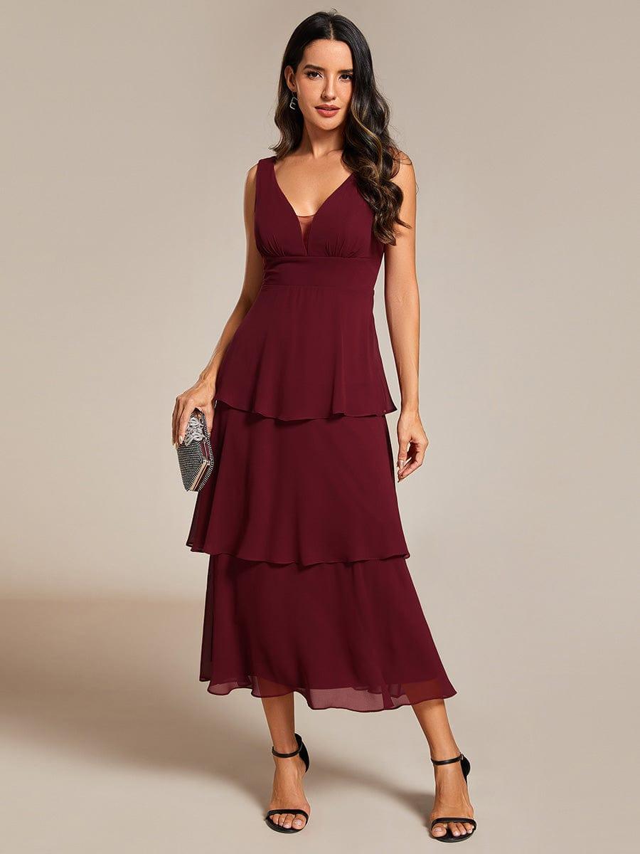 Sleeveless Tiered hem V-Neck Chiffon Wedding Guest Dress #color_Burgundy