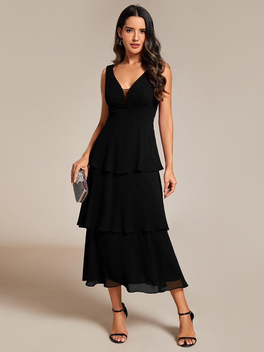 Sleeveless Tiered hem V-Neck Chiffon Wedding Guest Dress #color_Black