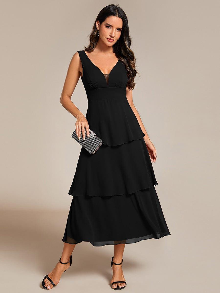 Sleeveless Tiered hem V-Neck Chiffon Wedding Guest Dress #color_Black