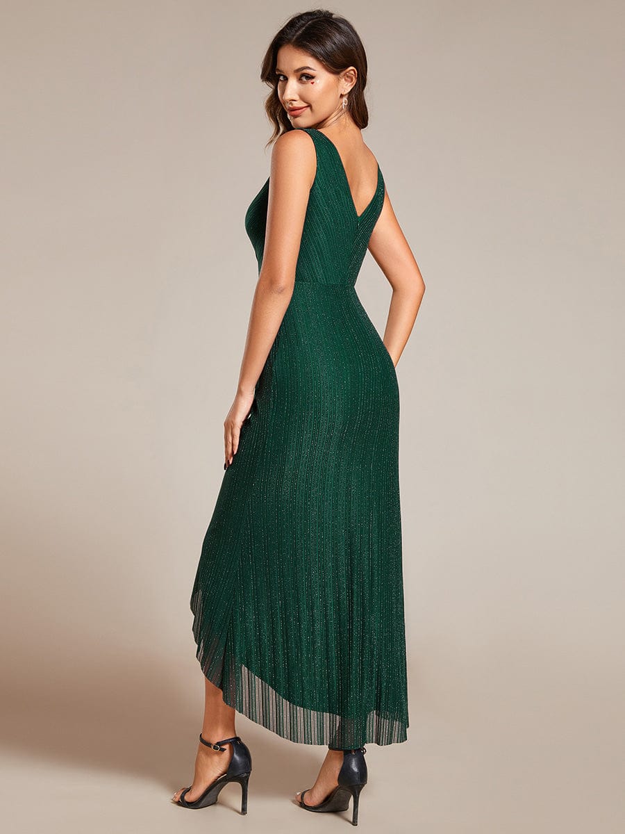 High-Low Ruffle Mermaid Wedding Guest Dress with V-Neck #color_Dark Green